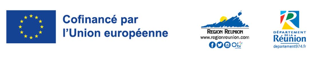 logo Union Européenne + logo Région Réunion + logo Département + mention « Ce projet est cofinancé par l’Union Européenne et la Région Réunion. L’Europe s’engage à la Réunion avec le fonds FEDER. Le Conseil Régional est l’Autorité de gestion du PO FEDER 2021-2027