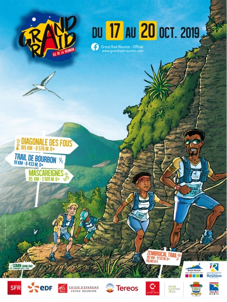 Plusieurs personnages qui escaladent une montagne... le tout sous forme de dessin. C'est l'affiche du Grand Raid 2019