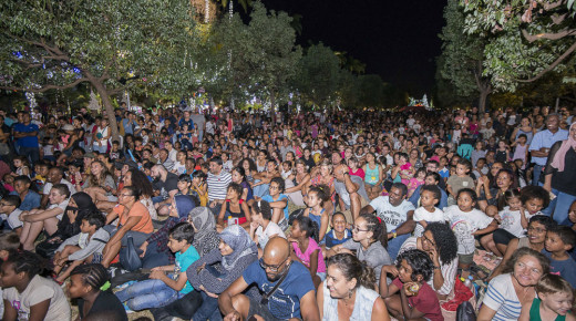 beaucoup de personnes assises dans l'allée centrale du jardin pour assister au spectacle de sons et lumières sur la façade du muséum