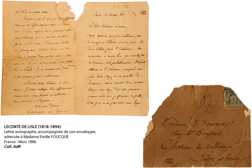 Lettre autographe, accompagnée de son enveloppe, adressée à Madame Emilie FOUCQUE