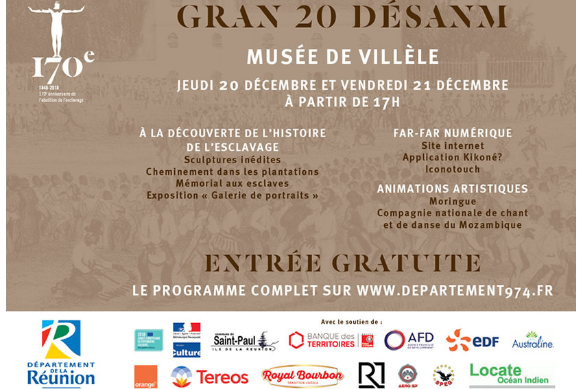 Programme du Gran 20 Désanm au Musée de Villèle, entrée gratuite