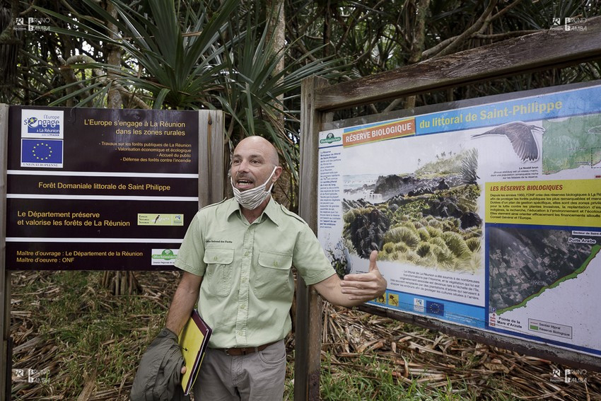 Julien Triolo, chargé des arboretums à l'ONF, devant le panneau de la réserve biologique du littoral de Saint-Philippe