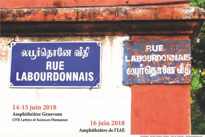 affiche du colloque représentant un coin de rue avec les pancartes du nom de la rue Labourdonnais