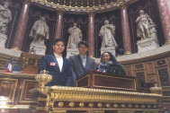 Victor Perigaud, Président du Conseil Départemental des Jeunes et ses deux vice-présidents à la tribune du Sénat