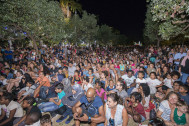 beaucoup de personnes assises dans l'allée centrale du jardin pour assister au spectacle de sons et lumières sur la façade du muséum