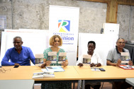 Jean-Luc Amaravady, président de la fédération Tamoule de La Réunion,  Jessica PLAY, Responsable scientifique et culturelle du Lazaret de la Grande Chaloupe, Patricia PROFIL, Présidente de l'association CAFPAB, et Honoré RABESAHALA, Président de l'Association MIARO, tiennent une conférence de presse