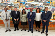 De gauche à droite  Benjamin Thomas, representant de la Mairie de Saint-Denis Sebastien Minot, ambassadeur de France Mme Saara Kuugongelwa-Amadhila, Première ministre de Namibie President Cyrille Melchior Conseillère départementale Adèle Odon Christophe Rocheland, representant du monde économique 